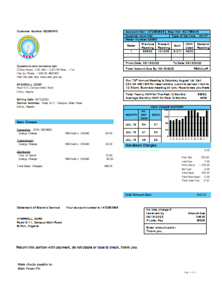 Nigerian Electricity Regulatory Commission electricity business utility bill,  SCR PSD template
